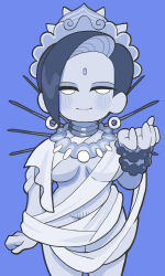 1girl blue_background blue_theme blush breasts breasts_apart commentary cowboy_shot earrings gashi-gashi hand_up highres jewelry looking_at_viewer medium_breasts monochrome necklace no_nose original shadow simple_background smile solo symbol-only_commentary white_eyes