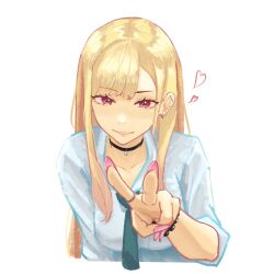 Rule 34 | 1girl, aqua necktie, asymmetrical bangs, barbell piercing, black choker, blonde hair, bracelet, choker, cropped torso, ear piercing, earrings, fingernails, heart, highres, industrial piercing, jewelry, kitagawa marin, long fingernails, long hair, looking at viewer, nail polish, necktie, parted lips, piercing, pink nails, red eyes, ring, seeya xpesxo, shirt, simple background, solo, sono bisque doll wa koi wo suru, v, white background, white shirt