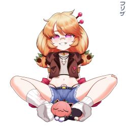 1girl bandaid bandaid_on_face bandaid_on_knee bandaid_on_leg bandaid_on_nose belt black_belt black_panties blonde_hair blue_shorts brown_vest button_hair_ornament commentary cropped_vest denim denim_shorts efreezerarts english_commentary feet fishnet_top fishnets freckles full_body grin highres immy_bisou jacket jewelry long_hair looking_at_viewer nail_(hardware) navel necklace no_shoes open_clothes open_mouth open_vest panties panty_straps pentagram_tattoo pink_jacket pink_pupils pubic_tattoo purple_eyes short_sleeves shorts simple_background sitting skull_necklace smile socks solo spread_legs stuffed_animal stuffed_toy symbol-shaped_pupils tattoo teeth tooth_gap twintails underwear vallure vest virtual_youtuber white_background white_socks x-shaped_pupils