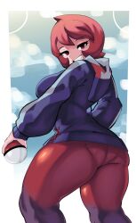 1girl absurdres arezu_(pokemon) ass blue_hoodie breasts diamond_clan_outfit gradient_legwear grin highres holding holding_poke_ball hood hood_down hoodie large_breasts long_sleeves looking_at_viewer looking_back luci-a nintendo pantyhose poke_ball pokemon pokemon_legends:_arceus red_eyes red_hair red_pantyhose short_hair sideboob smile solo thighhighs