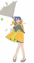 &gt;_&lt; 1girl absurdres bandaid bandaid_on_foot black_shorts blue_hair candy facing_viewer flip-flops food frog full_body ganlin_(xinyue_tongxing) green_jacket highres holding holding_umbrella inverted_umbrella jacket knees_together_feet_apart low-tied_hair_ring multicolored_hair oji-sama_(ochi4t) open_mouth raincoat sandals shorts sleeves_past_fingers sleeves_past_wrists solo standing track_jacket umbrella white_background wind xinyue_tongxing yellow_raincoat
