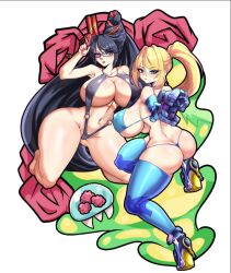 2girls ass bayonetta bayonetta_(series) bikini black-framed_eyewear black_hair black_one-piece_swimsuit blonde_hair blue_bikini blue_boots blue_eyes blue_gloves blush boots breasts butt_crack collarbone covered_erect_nipples crossover derringer directed-energy_weapon double-barreled_pistol elbow_gloves energy_gun energy_weapon expressionless female_focus from_behind full_body g-string glasses gloves gun hand_up handgun high_heel_boots high_heels holding holding_gun holding_weapon huge_ass huge_breasts lipstick long_hair looking_at_viewer looking_back makeup metroid micro_bikini miyako.noh multiple-barrel_gun multiple_girls navel nintendo o-ring o-ring_swimsuit one-piece_swimsuit outstretched_arm over-and-under-barreled_pistol parted_lips pistol ponytail red_lips samus_aran simple_background slingshot_swimsuit swimsuit teeth thigh_boots thong weapon white_background