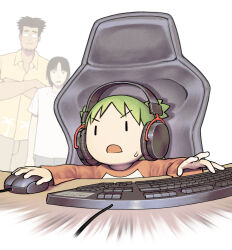 1boy 2girls chair computer_keyboard computer_mouse gaming_chair gido headphones highres multiple_girls swivel_chair yotsubato!