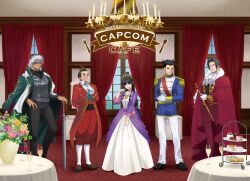 Rule 34 | 1girl, 4boys, absurdres, ace attorney, apollo justice, arms behind back, ascot, blue ascot, butler, cake, cake slice, champagne flute, chandelier, coat, cup, curtains, dress, drinking glass, food, godot (ace attorney), green coat, head-mounted display, highres, holding, holding scepter, indoors, jewelry, king, knight, magatama, magatama necklace, maya fey, merchandise available, miles edgeworth, multiple boys, necklace, official art, phoenix wright, prince, princess, promotional art, purple dress, red coat, red sash, sash, scepter, sword, weapon, white dress, wine glass