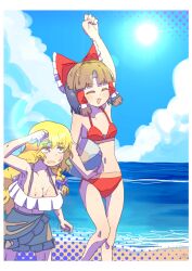 2girls :3 alternate_costume arm_up ball beach beachball benikurage_(cookie) bikini bikini_skirt blonde_hair blue_sky blunt_bangs blush border bow braid breasts brown_hair clenched_hand closed_eyes cloud cookie_(touhou) feet_out_of_frame fist_pump frilled_bikini frilled_bow frilled_hair_tubes frills green_eyes hair_bow hair_tubes hakurei_reimu highres holding holding_ball holding_beachball kirisame_marisa large_breasts leftame long_hair mars_(cookie) multiple_girls navel ocean open_mouth outdoors parted_bangs red_bikini red_bow short_hair side_braid single_braid sky small_breasts smile sweat swimsuit touhou water white_bikini white_border