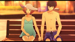 Rule 34 | 1boy, 1girl, absurdres, amamiya ren, artist name, black hair, commentary, commission, dress, english commentary, hand grab, hat, highres, letterboxed, looking at another, okumura haru, on bench, persona, persona 5, personaparadise, pink hair, sitting, sun hat, sundress, swimsuit, watermark