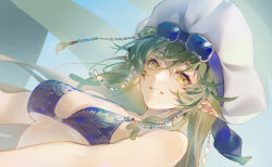 1girl arknights bare_shoulders beads bikini blue_bikini breasts cleavage dutch_angle eyewear_on_head gavial_(arknights) gavial_the_invincible_(arknights) gavial_the_invincible_(holiday)_(arknights) green_hair hair_beads hair_ornament hat long_hair looking_at_viewer moozsilent sidelocks solo sunglasses swimsuit underboob upper_body white_hat yellow_eyes