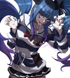 1girl absurdres amemiya_darumi black_hair blue_hair ear_piercing female_focus fingernails hands_up heart highres long_hair long_sleeves makeup multicolored_hair nail_polish piercing pink_eyes pink_thighhighs pleated_skirt red_nails runny_makeup shirt simple_background skirt solo solo_focus striped_clothes striped_shirt striped_skirt the_hundred_line_-last_defense_academy- thighhighs tongue tongue_out tongue_piercing twintails white_background