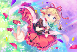 Rule 34 | 2girls, amo (shibu3), blonde hair, bloomers, blue eyes, bow, bubble skirt, choker, cloud, cloudy sky, collar, fairy wings, flower, frilled wrist cuffs, frills, grass, highres, holding, holding flower, knees, lily of the valley, looking at viewer, medicine melancholy, mini person, minigirl, multiple girls, purple background, purple petals, rainbow, red bow, red choker, red petals, red ribbon, red shirt, red shoes, red skirt, ribbon, shirt, shoes, short hair, skirt, sky, smile, socks, sparkle, star (symbol), star in eye, su-san, symbol in eye, touhou, two-tone background, underwear, white bow, white collar, white ribbon, white socks, wings, wrist cuffs, yellow petals