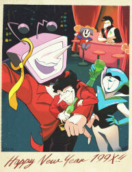 Rule 34 | 1girl, 4boys, absurdres, ant tenna, arm behind head, black eyes, black pants, blue gloves, blue lips, bottle, carrying, carrying person, cityscape, closed eyes, colliholly, colored skin, commentary, crt, cup, curtains, deltarune, drinking glass, english commentary, gloves, happy new year, highres, holding, holding bottle, holding cup, jacket, multiple boys, necktie, new year, object head, pants, pointy nose, queen (deltarune), ramb (deltarune), red jacket, red necktie, sitting, smile, spamton g. spamton, swatch (deltarune), tailcoat, teeth, two-tone vest, unworn necktie, white gloves, white pants, white skin, wine glass, yellow necktie