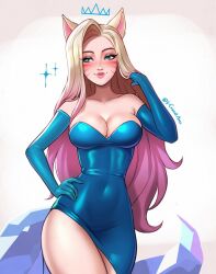 1girl ahri_(league_of_legends) animal_ears artist_name bare_shoulders blonde_hair blue_gloves breasts cleavage closed_mouth colored_inner_hair commentary covered_navel crown dress elbow_gloves english_commentary facial_mark fox_ears fox_girl fox_tail gloves green_eyes hand_in_own_hair hand_on_own_hip highres k/da_(league_of_legends) k/da_ahri konomidraws league_of_legends looking_to_the_side medium_breasts multicolored_hair pink_hair sleeveless sleeveless_dress smile solo sparkle tail twitter_username two-tone_hair