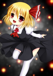 1girl absurdres asazuki_kanai blonde_hair blush bow embodiment_of_scarlet_devil female_focus gradient_background hair_bow highres kanai_amachi leg_up open_mouth red_eyes rumia short_hair smile solo thighhighs touhou white_thighhighs