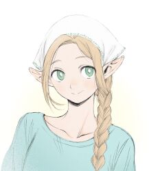 1girl alternate_costume alternate_hairstyle bandana blonde_hair border braid bright_pupils collarbone dungeon_meshi elf frs2 green_eyes highres long_hair looking_at_viewer marcille_donato pointy_ears portrait smile upper_body white_border