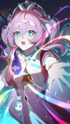 1girl artist_name blue_bow blue_bowtie bow bowtie breasts charm_(object) colored_tips commentary_request coreflame_(honkai:_star_rail) cowboy_shot dress green_eyes hat highres honkai:_star_rail honkai_(series) hyacine_(honkai:_star_rail) little_ica_(honkai:_star_rail) long_hair looking_at_viewer medium_breasts multicolored_hair open_mouth outstretched_arm pink_dress pink_hair pink_hat so_zei_tama_tama solo sparkling_eyes teeth twintails upper_teeth_only yellow_pupils