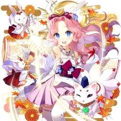 1girl animal_ears armpits blue_eyes crescent_moon detached_sleeves hair_ornament japanese_clothes kaguya_fullmoon kitsune kyuubi long_hair moon multiple_tails open_mouth pink_hair purple_skirt rabbit rabbit_ears salt_(salty) skirt tail thighhighs uchi_no_hime-sama_ga_ichiban_kawaii wavy_hair white_thighhighs