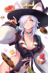 1girl absurdres animal_ears black_hat black_panties black_shirt blueberry breasts cat_ears checkerboard_cookie chinese_commentary choker cleavage closed_mouth commentary_request cookie cowboy_shot cracker crop_top food fruit hair_between_eyes hair_over_one_eye hat highleg highleg_panties highres large_breasts layered_sleeves long_sleeves medium_hair panties pastry ragnarok_online rio senbei shirt short_over_long_sleeves short_sleeves simple_background solo soul_reaper_(ragnarok_online) strawberry tabard tassel underwear white_background white_hair witch_hat yellow_eyes