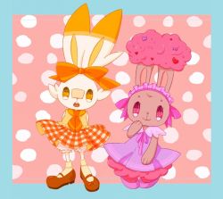 2girls :3 alternate_color animal_hands animal_nose arms_behind_back artist_name bandaid bandaid_on_face bandaid_on_nose bloomers blue_border body_fur border bow brown_footwear brown_fur buneary child closed_mouth clothed_pokemon dress female_focus flat_chest frilled_hairband frills full_body furry furry_female gen_4_pokemon gen_8_pokemon hair_bow hair_ornament hairband hand_to_own_mouth hand_up happy heart heart_hair_ornament lemonade_kokoi looking_at_viewer miniskirt multiple_girls neck_ribbon neckerchief nintendo open_mouth orange_bow orange_eyes orange_neckerchief orange_skirt outside_border pink_background pink_eyes pink_fur pink_ribbon plaid_clothes plaid_skirt pokemon pokemon_(creature) polka_dot polka_dot_background purple_dress purple_footwear rabbit_ears rabbit_girl ribbon scorbunny shiny_pokemon shirt shoes short_dress signature simple_background skirt sleeveless sleeveless_dress sleeveless_shirt smile socks standing teeth twitter_username two-tone_fur underwear white_bloomers white_fur yellow_shirt yellow_socks