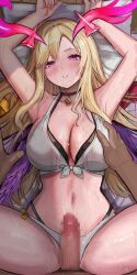 Rule 34 | 1boy, 1girl, absurdres, bikini, black choker, blonde hair, breasts, censored, choker, cleavage, commentary request, detached horns, efuri (riarea00), grabbing another&#039;s breast, groping, head on pillow, highres, large breasts, long hair, looking at viewer, lucifer (monster strike), lying, monster strike, mosaic censoring, navel, on back, on bed, penis, pillow, pov, pov crotch, pov hands, purple eyes, purple wings, solo focus, stomach, swimsuit, thighs, white bikini, wings