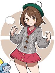 1girl brown_eyes brown_hair cardigan closed_mouth collarbone dress gen_8_pokemon gloria_(pokemon) green_hat grey_cardigan hair_intakes hat hood hood_down hooded_cardigan long_sleeves looking_at_viewer looking_up medium_hair nintendo outline panties pantyshot pokemon pokemon_(creature) pokemon_swsh red_dress short_dress smile sobble underwear user_jchg8282 white_outline white_panties
