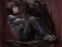 2girls arms_behind_back bdsm blonde_hair blue_shirt bondage bound bound_arms bound_legs breasts brown_eyes brown_hair chain chain_leash clenched_teeth collar collared_shirt crying crying_with_eyes_open denim femdom high_heels highres jeans leash looking_at_another medium_breasts medium_hair multiple_girls niu_yeye on_table original pants restrained shibari shibari_over_clothes shirt slave table tears teeth