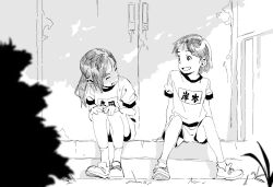 2girls closed_eyes greyscale gym_uniform kinokohead2121 monochrome multiple_girls musical_note original shoes sitting smile
