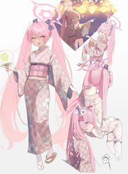 +_+ 1girl absurdres alternate_costume back_bow blue_archive blush bow checkered_clothes checkered_kimono clover_print collage cross-shaped_pupils crying doodle_sensei_(blue_archive) flower goldfish_scooping hair_bow hair_flower hair_ornament halo hand_fan highres holding holding_fan japanese_clothes kabanoki kimono koyuki_(blue_archive) long_hair looking_at_viewer masu multiple_views nape notice_lines obi paper_fan pink_eyes pink_hair pointing sandals sash sensei_(blue_archive) sideways_glance simple_background smile spoken_expression summer_festival symbol-shaped_pupils teardrop twintails two-tone_kimono very_long_hair white_background wide_sleeves zouri