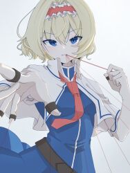 1girl alice_margatroid blonde_hair capelet hairband highres jewelry looking_at_viewer puppet_rings puppet_strings red_hairband ring shirataki_oden2 short_hair solo tagme touhou white_background white_capelet