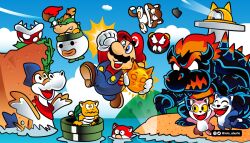1girl 3boys artist_name bowser bowser_jr. day fury_bowser goomba jumping lolo_aburto mario mario_(series) multiple_boys nintendo ocean parody piranha_plant plessie sand sky smile style_parody super_mario_3d_world super_mario_bros._1 water
