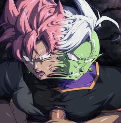 3boys between_pectorals black_dougi black_shirt black_undershirt blood clenched_teeth colored_skin commentary constricted_pupils dougi dragon_ball dragon_ball_super drooling earrings from_above fuse goku_black gold_trim green_skin grey_eyes grey_tunic jacket jewelry kaioushin liquid long_sleeves male_focus medium_hair mesh multiple_boys nosebleed oguri_shun open_mouth penis pink_hair pointy_ears potara_earrings pov pov_crotch purple_liquid purple_shirt purple_undershirt rubble shiny_skin shirt spiked_hair sweatdrop teeth tunic undershirt unworn_earring veins white_hair yaoi zamasu