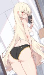 1girl absurdres ass back bare_shoulders black_shorts breasts bright_pupils camisole cellphone closed_mouth colored_eyelashes commentary_request commission covered_erect_nipples cowboy_shot crop_top dimples_of_venus dolphin_shorts dutch_angle expressionless from_behind gold_trim hair_between_eyes hand_up highres holding holding_phone korean_commentary leaning_forward lethe_rin long_hair looking_at_viewer looking_back medium_breasts micro_shorts midriff original phone red_eyes second-party_source shirt shorts sleeveless sleeveless_shirt smartphone solo spaghetti_strap standing strap_slip thighs very_long_hair w.k white_eyelashes white_hair white_shirt