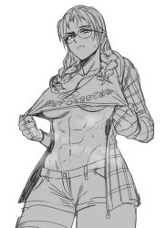 Rule 34 | 1girl, abs, braid, breasts, denim, denim shorts, glasses, gloves, greyscale, hanny (uirusu chan), julia chang, monochrome, muscular, muscular female, shorts, steaming body, sweat, tekken, tekken 7, underboob