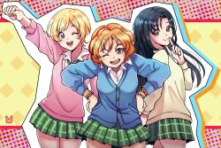 Rule 34 | 3girls, absurdres, black hair, blonde hair, bracelet, brown eyes, gals!, highres, hoshino aya, jewelry, kotobuki ran, long hair, multiple girls, open mouth, pleated skirt, red hair, school uniform, shirt, short hair, simple background, skirt, smile, ssadj, white shirt, yamazaki miyu