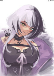 Rule 34 | 1girl, black choker, black dress, black hair, breasts, choker, cleavage, closed mouth, coat, dress, fur-trimmed coat, fur trim, grey hair, highres, hololive, hololive english, large breasts, long hair, looking at viewer, multicolored hair, purple coat, ribbon, riiidan, shiori novella, shiori novella (1st costume), smile, solo, split-color hair, two-tone hair, virtual youtuber, white ribbon, yellow eyes, yorick (shiori novella)