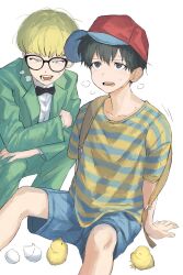 Rule 34 | 2boys, anger vein, baby animal, backpack, bag, baseball cap, bird, black-framed eyewear, black bow, black bowtie, black eyes, black hair, blonde hair, blue eyes, blue shorts, bow, bowtie, chick, commentary request, egg, eggshell, freckles, glasses, green jacket, green pants, hat, highres, jacket, jeff andonuts, long sleeves, male focus, mother (series), mother 2, multiple boys, ness (mother 2), nintendo, open mouth, pants, shirt, short sleeves, shorts, simple background, sitting, squatting, striped clothes, striped shirt, sweat, white background, yoyoha chan
