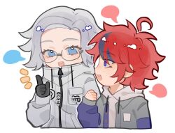 2boys ahoge aotsuki_eito black_gloves blue_eyes blue_hair chibi chibi_only glasses gloves hand_up hood hoodie jacket male_focus messy_hair multicolored_eyes multicolored_hair multiple_boys open_mouth parted_hair red_eyes red_hair sumino_takumi teeth the_hundred_line_-last_defense_academy- upper_teeth_only white_hoodie white_jacket zipper zipper_pull_tab