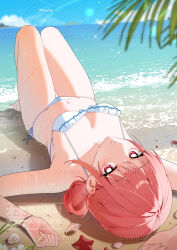 1girl ao_no_hako arms_up bare_shoulders beach bechu bikini blurry breasts bright_pupils character_request check_character check_copyright chouno_hina cleavage commentary_request commission copyright_request depth_of_field frilled_bikini frills hair_bun highres knees_up korean_commentary long_hair looking_at_viewer lying medium_breasts navel on_back parted_lips pink_hair red_eyes side-tie_bikini_bottom single_side_bun solo stomach string_bikini swimsuit thighs water watermark wet white_bikini
