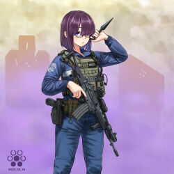 1girl assault_rifle bob_cut bulletproof_vest commentary_request glasses gun gun_sling hair_over_one_eye hand_up handgun highres holding holding_gun holding_kunai holding_weapon holster howa_type_89 jpc knee_up kunai long_sleeves looking_at_viewer magazine_(weapon) o3o original police police_uniform policewoman purple_eyes purple_hair rifle semi-rimless_eyewear short_hair silhouette_target solo standing under-rim_eyewear weapon