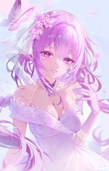 1girl absurdres breasts bridal_veil bug butterfly butterfly_on_hand castorice_(honkai:_star_rail) cleavage commentary dress earrings flower gloves hair_flower hair_intakes hair_ornament hand_up highres honkai:_star_rail honkai_(series) insect jewelry large_breasts long_hair looking_at_viewer necklace parted_lips pink_butterfly pink_dress pink_eyes pink_flower pink_gloves pink_hair pink_petals pointy_ears ring smile sohan_(sohan_416) solo veil very_long_hair wedding_dress white_veil