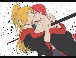 2boys akatsuki_uniform black_nails blonde_hair blood blood_from_mouth blue_eyes deidara_(naruto) doll_joints dying english_text extra_mouth eyeliner fishnet_top fishnets green_nails grin hayamin35 high_ponytail hug implied_yaoi injury jewelry joints long_hair looking_at_another makeup male_focus multiple_boys naruto_(series) naruto_shippuuden open_clothes open_robe pole ponytail red_eyes red_hair ring robe sasori_(naruto) short_hair simple_background smile white_background