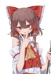 1girl absurdres ascot bare_shoulders bow brown_eyes brown_hair collared_shirt commentary_request detached_sleeves fingernails frilled_bow frilled_hair_tubes frilled_shirt_collar frills gohei hair_between_eyes hair_bow hair_tubes hakurei_reimu highres holding holding_gohei long_hair looking_at_viewer misoice_ramen open_mouth red_bow red_ribbon red_shirt red_skirt ribbon ribbon-trimmed_collar ribbon-trimmed_sleeves ribbon_trim shirt simple_background skirt sleeveless sleeveless_shirt solo touhou upper_body v v_over_mouth white_background white_shirt white_sleeves wide_sleeves yellow_ascot