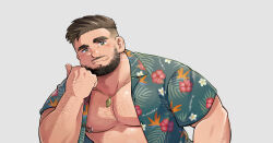 Rule 34 | 1boy, bara, bare pectorals, beard, brown hair, facial hair, full beard, huge eyebrows, large pectorals, leaf necklace, looking at viewer, male focus, mature male, muscular, muscular male, mustache stubble, nipple piercing, nipple rings, nipples, original, pectorals, piercing, short hair, solo, sparse arm hair, sparse chest hair, stubble, suv (suv032), undercut, upper body