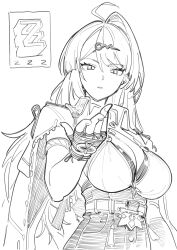 1girl absurdres ahoge armlet breasts cleavage commentary_request copyright_logo ddal facing_viewer fingerless_gloves gloves greyscale hair_ornament hairclip hand_up highres jewelry large_breasts long_hair looking_at_hand monochrome parted_lips simple_background single_hair_intake sketch solo upper_body white_background yixuan_(zenless_zone_zero) zenless_zone_zero