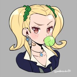 1girl ayase_yuka bandaid bandaid_on_neck blonde_hair brown_eyes chewing_gum collarbone do_m_kaeru freckles hair_ornament hair_scrunchie jewelry lips long_hair looking_at_viewer necklace necktie persona persona_1 school_uniform scrunchie simple_background sketch solo st._hermelin_school_uniform twintails twitter_username
