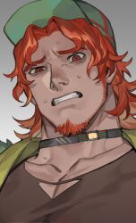 Rule 34 | 1boy, bags under eyes, beard, black shirt, burgerberg q-taro, choker, collarbone, curtained hair, facial hair, green hat, grey background, grimace, hat, kimi ga shine, looking at viewer, male focus, nervous sweating, pectoral cleavage, pectorals, red eyes, red hair, shirt, short hair, solo, sweat, thick neck, zoo (oukakumaku)