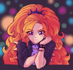 1girl adagio_dazzle adagio_dazzle_(human) black_background black_jacket blurry blurry_background bracelet closed_mouth collared_jacket curly_hair elbow_rest eyes_visible_through_hair frown gold_bracelet hairband hand_on_own_cheek hand_on_own_face hand_up high_ponytail highres jacket jewelry long_hair looking_at_viewer my_little_pony my_little_pony:_equestria_girls my_little_pony:_friendship_is_magic official_alternate_costume open_clothes open_jacket orange_hair parted_hair pink_eyes ponytail purple_hairband purple_shirt riley_av shirt short_sleeves simple_background solo spiked_bracelet spiked_hairband spiked_jacket spikes straight-on table triangle_print upper_body