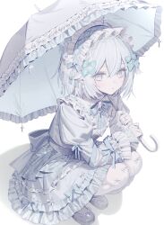 1girl absurdres commentary_request full_body highres hinomiya_shiyou_(ly05yy) holding holding_umbrella lolita_fashion long_hair looking_to_the_side mary_janes original shadow shoes solo squatting umbrella white_background white_eyes white_hair white_headdress