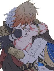 2boys antenna_hair arm_tattoo armlet armor back_tattoo black_coat black_gloves blonde_hair blue_cape cape clawed_gauntlets coat commentary fingerless_gloves from_behind gloves gold_necklace gradient_hair hair_between_eyes head_on_another&#039;s_shoulder highres honkai:_star_rail honkai_(series) hug jewelry male_focus medium_hair multicolored_hair multiple_boys mydei_(honkai:_star_rail) necklace open_clothes open_coat pauldrons phainon_(honkai:_star_rail) red_cape red_hair red_tattoo same_wallhit shoulder_armor side_cape simple_background single_glove single_pauldron tattoo toned toned_male white_background white_hair yaoi