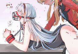Rule 34 | ball gag, bdsm, blonde hair, blue eyes, bondage, bondage cuffs, bound, collar, dogbrooo, femdom, fingering, gag, highres, jacket, kakegurui, leash, leotard, long hair, momobami ririka, muzzle (mask), pet play, red collar, red jacket, red wrist cuffs, saotome mary, simple background, slave, strapless, strapless leotard, sweat, white background, white hair, wrist cuffs, yuri