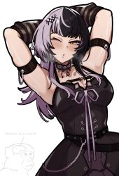 1girl arm_strap arms_up black_dress black_hair blush breasts choker cleavage dress grey_hair haaro heart heart-shaped_pupils highres hololive hololive_english lace lace_choker long_hair medium_breasts meme monkey multicolored_hair neuron_activation_(meme) one_eye_closed purple_ribbon ribbon shiori_novella shiori_novella_(1st_costume) simple_background solo split-color_hair striped_arm_warmers sweat symbol-shaped_pupils two-tone_hair virtual_youtuber white_background yellow_eyes