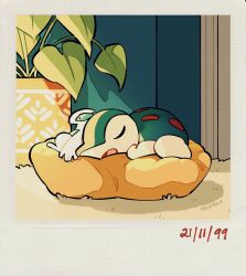 artist_name carpet creatures_(company) cyndaquil game_freak gen_2_pokemon highres indoors legendary_pokemon lugia nintendo no_humans open_mouth pillow plant pokemon pokemon_(creature) potted_plant sleeping teletelo